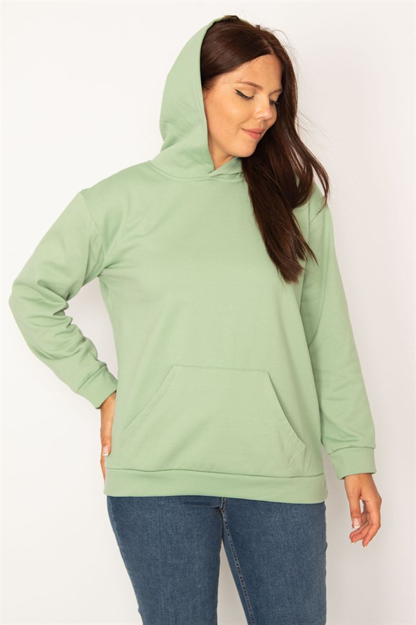 Kadın Yeşil Kapşonlu Kanguru Cepli İçi Şardonlu Sweatshirt 65N34582