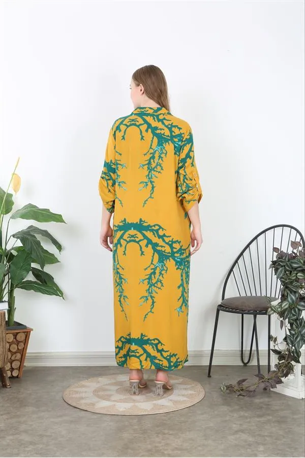 Kadın Büyük Beden Mavi Ön Boy Düğmeli Gömlek Yakalı Uzun Elbise 65N37875