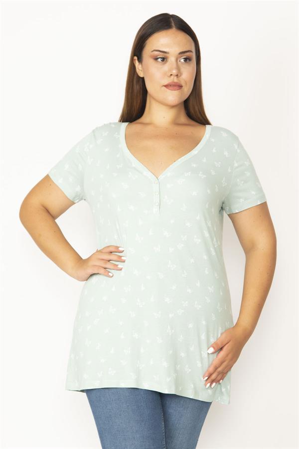 Kadın Yeşil Patı Düğmeli V Yakalı Kelebek Baskılı Bluz 65N28040