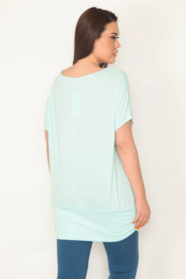 Kadın Camgöbeği Yeşil Bisiklet Yaka Etek Ucu Bantlı Düşük Kollu Tunik 65N32563