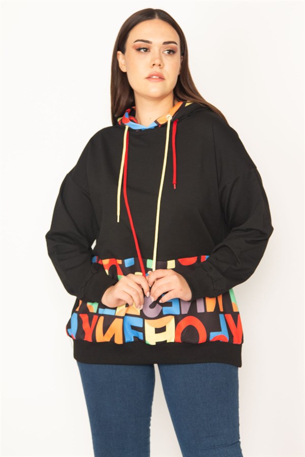 Kadın Siyah Kapşonlu Ön Yazılı Sweatshirt 65N31325