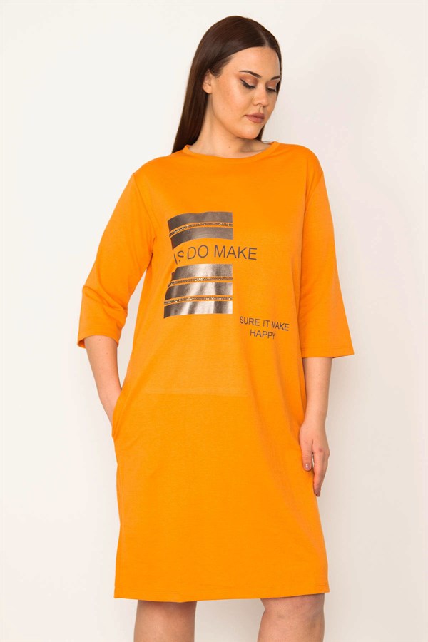 KADIN ORANJ TAŞ VE LAK DETAYLI ELBİSE