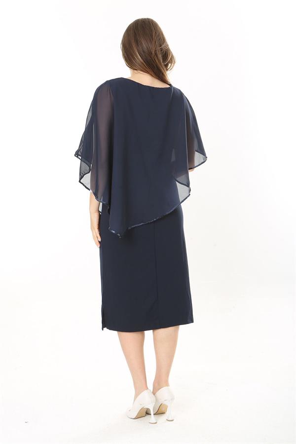 Kadın Büyük Beden Lacivert Şifon Pelerinli Elbise 65N37910