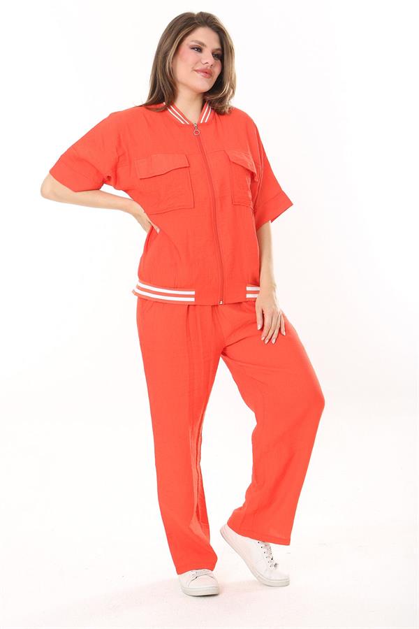 Kadın Büyük Beden Nar Ön Fermuarlı Ribanalı Tunik Ve Pantolon İkili Takım 65N37877