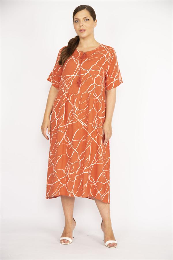 Kadın Oranj Büyük Beden Dokuma Viskon Kumaş Kısa Kollu Elbise