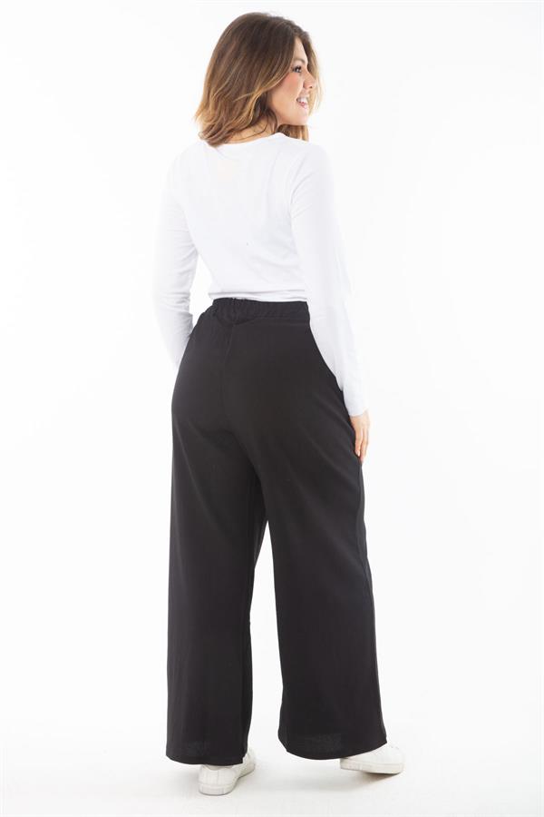 Kadın Büyük Beden Siyah Beli Lastikli Geniş Paçalı Bürümcük Pantolon 65N37315