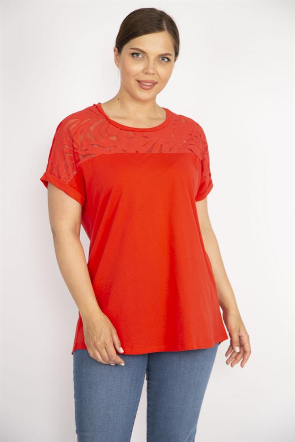 Kadın Beyaz Büyük Beden Pamuk Kumaş Robası Tül Aplike Uzun Bluz