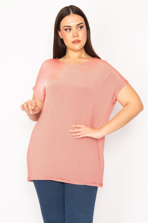 Kadın Kırmızı Sırt Detaylı Düşük Kollu Çizgili Bluz 65N30193