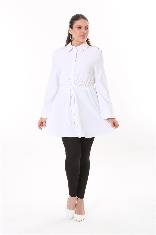 Kadın Büyük Beden Beyaz Ön Düğmeli Beli Tünel Bağcıklı Likralı Tunik Elbise 65N37700