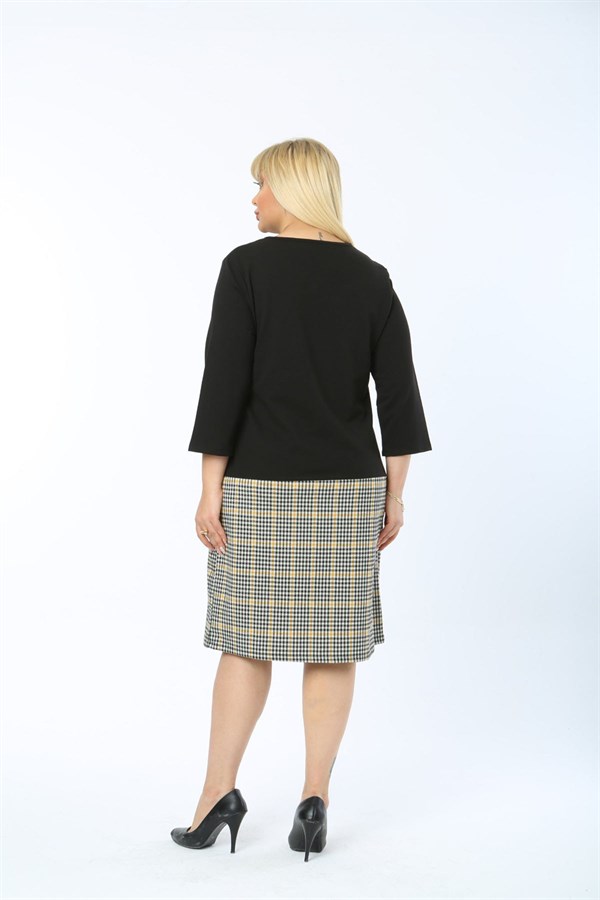 KADIN SİYAH ETEK KISMI EKOSE DESENLİ CEPLİ ELBİSE