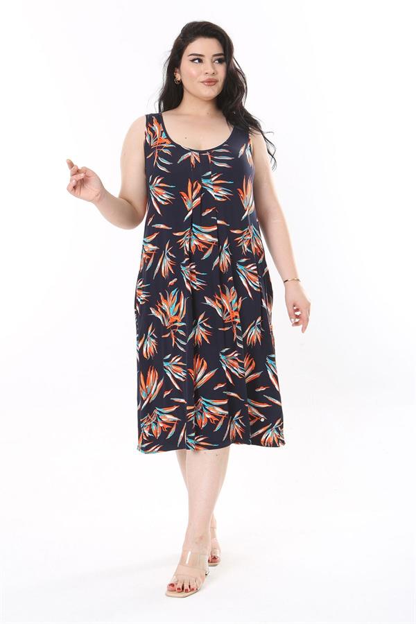 Kadın Büyük Beden Renkli Bisiklet Yakalı Göğüs Pileli Kolsuz Uzun Elbise 65N37946