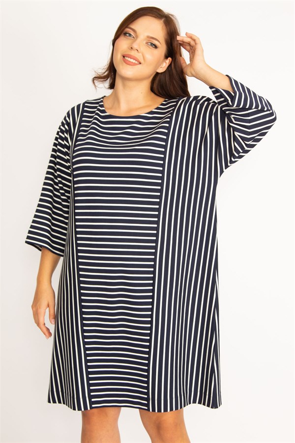 Kadın Lacivert Çizgi Kombinli Kuplu Elbise 65N34789