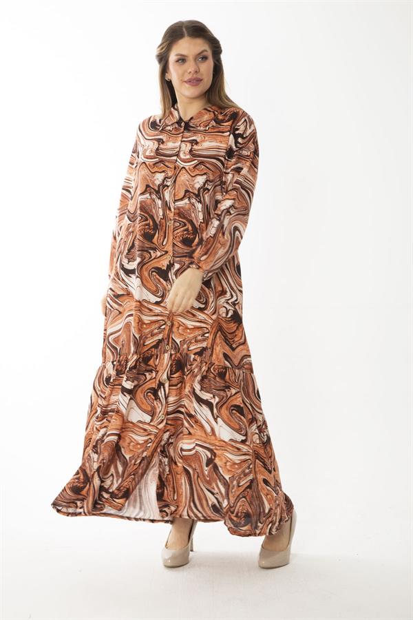 Kadın Büyük Beden Renkli Dokuma Viskon Kumaş Ön Boy Düğmeli Etek Ucu Katlı Elbise 65N37087