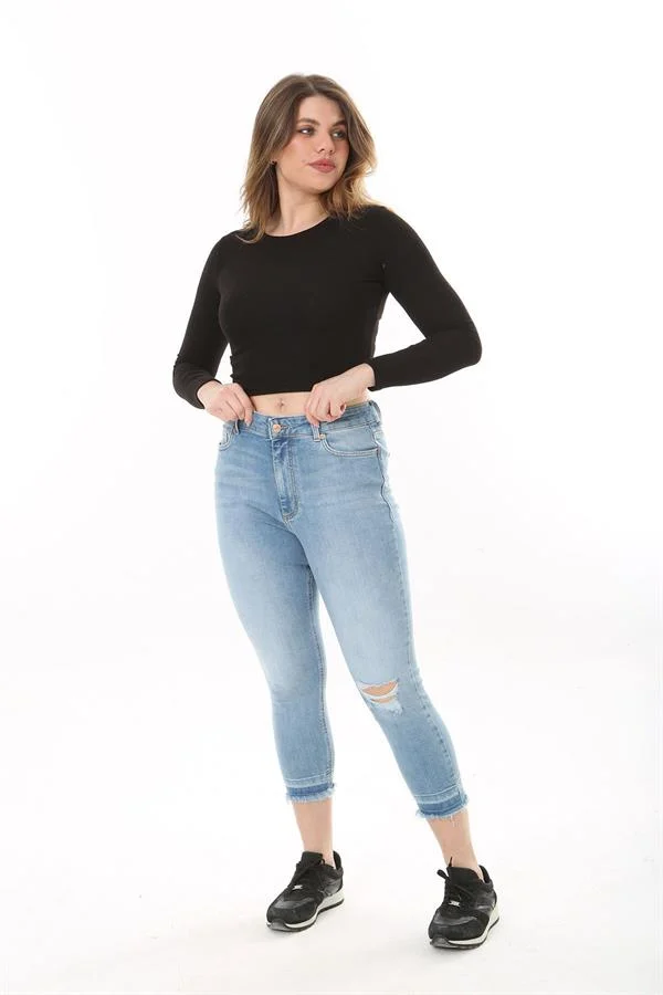 Kadın Büyük Beden Mavi Yırtık Detaylı 5 Cep Likralı Kot Pantolon 65N37601