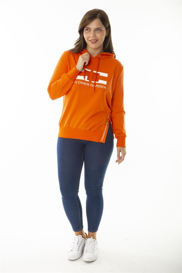 Women's Plus Size Orange Stone and Print Detailed Hooded Side Slit Sweatshirt 65N36867