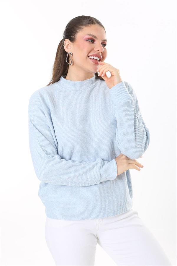 Kadın Büyük Beden Bebe Mavisi Yün Viskon Kumaş Yarasa Kollu Bluz 65N37703