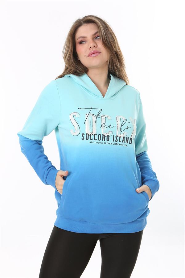 Kadın Büyük Beden Renkli İki İplik Sim Ve Ön Baskı Detaylı Kapşonlu Sweatshirt 65N37162