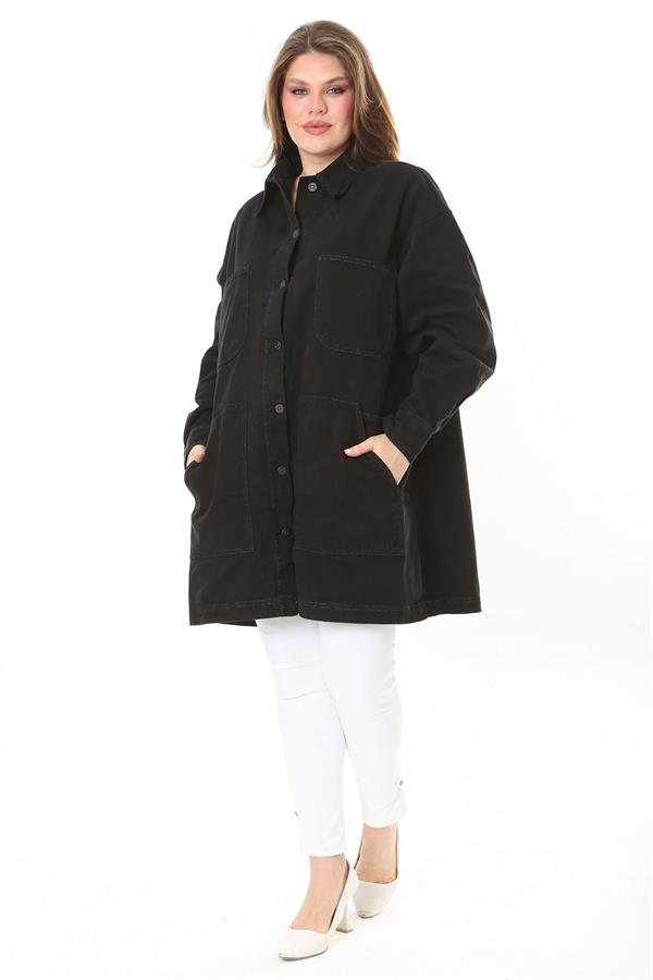 Kadın Büyük Beden Siyah 4 Cepli Rahat Kesim Uzun Kot Mont 65N37893