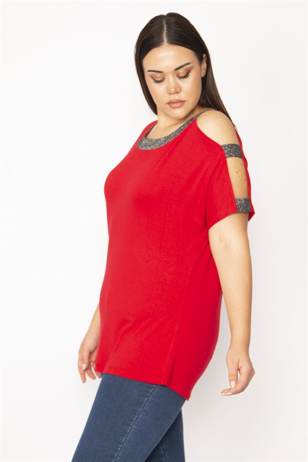 Kadın Kırmızı Tek Omuzu Ve Yakası Sim Detaylı Bluz 65N29510