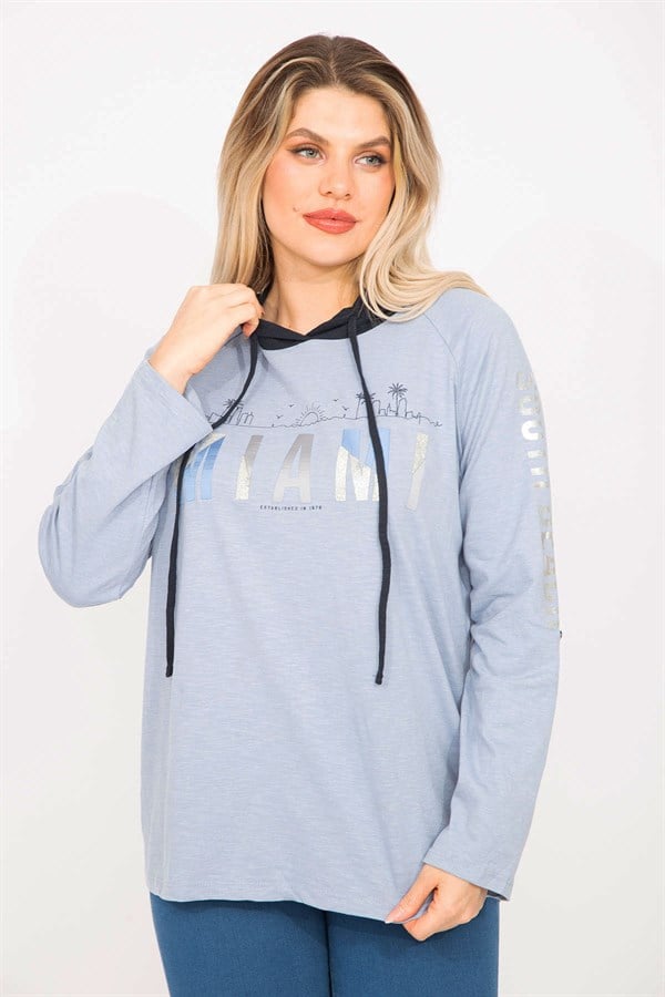 Kadın Mavi Sim Baskılı Kapşonlu Tunik 65N35300