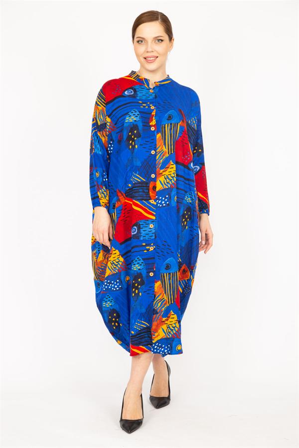 Kadın Fujya Büyük Beden Dokuma Viskon Kumaş Ön Boy Düğmeli Elbise