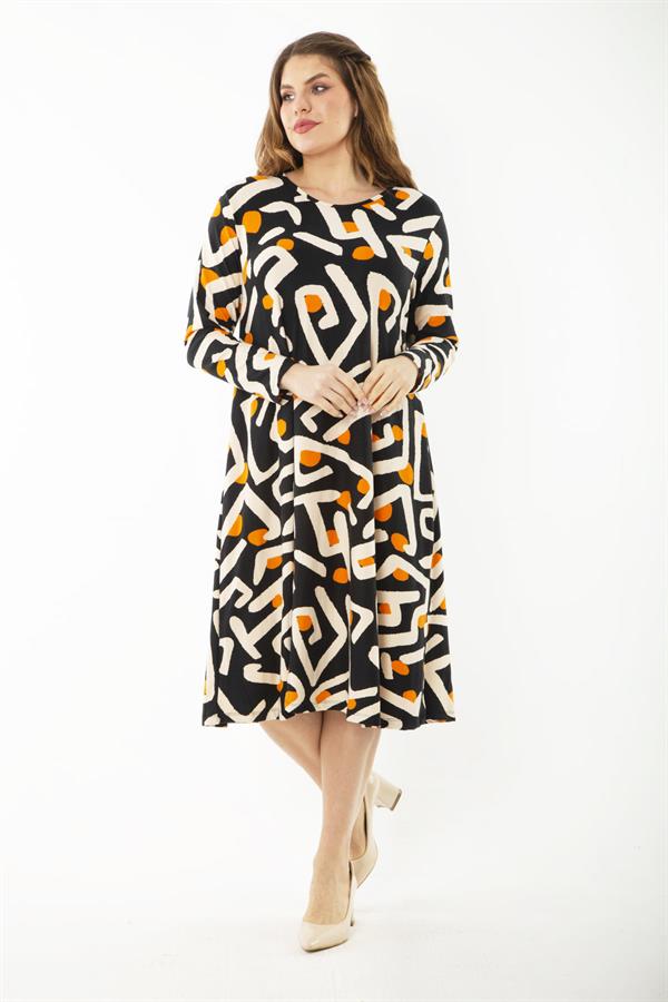 Kadın Büyük Beden Renkli Uzun Kollu Desenli Elbise 65N37191