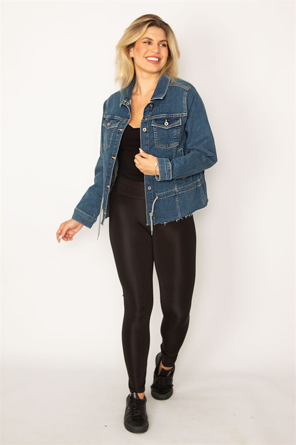 Kadın Lacivert Bel Bağcık Detaylı Etek Ucu Pis Dikişli Likralı Kot Mont 65N34312