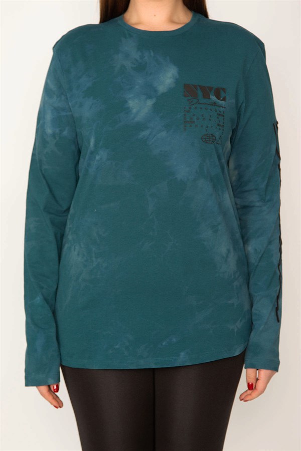 KADIN PETROL PAMUKLU KUMAŞ BATİK DESENLİ UZUN KOLLU BLUZ