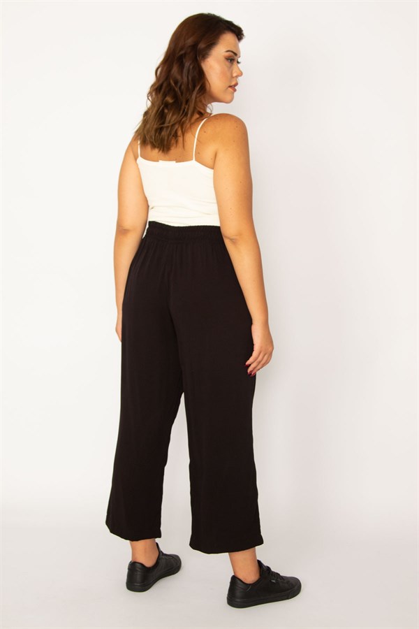 Kadın Siyah Dokuma Viskon Kumaş Beli Lastik Ve Bağcık Detaylı Yan Cepli Pantolon 65N33981