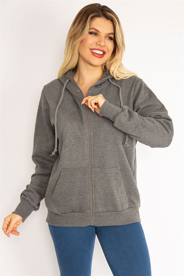 Kadın Gri Sırtı Çift Fermuar Ve Çıtçıt Düğme Ve Ön Fermuarlı İçi Şardonlu Sweatshirt 65N35069