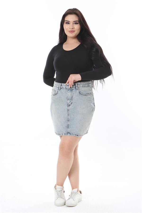 Kadın Büyük Beden Mavi Yıkama Efektli Kot Etek 65N38500