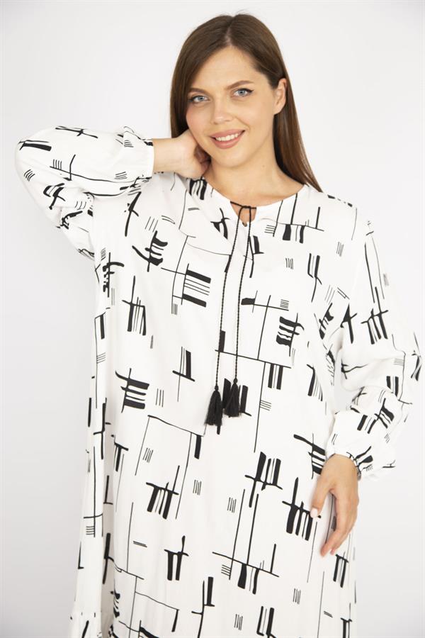 Kadın Beyaz Büyük Beden Dokuma Viskon Kumaş Etek Ucu Katlı Uzun Kollu Elbise