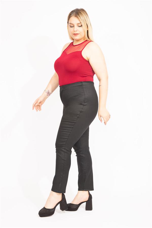 Kadın Kahve Büyük Beden Suni Deri Gizli Kemer Cepsiz Pantolon 65N35581