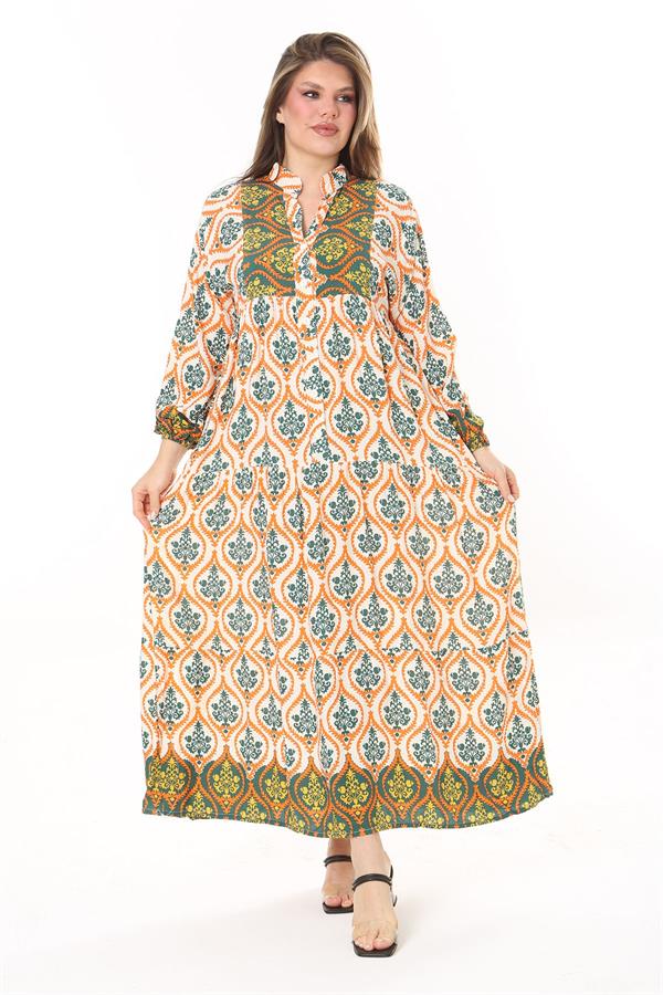 Kadın Büyük Beden Mavi Dokuma Viskon Kumaş Ön Düğmeli Uzun Elbise 65N37860