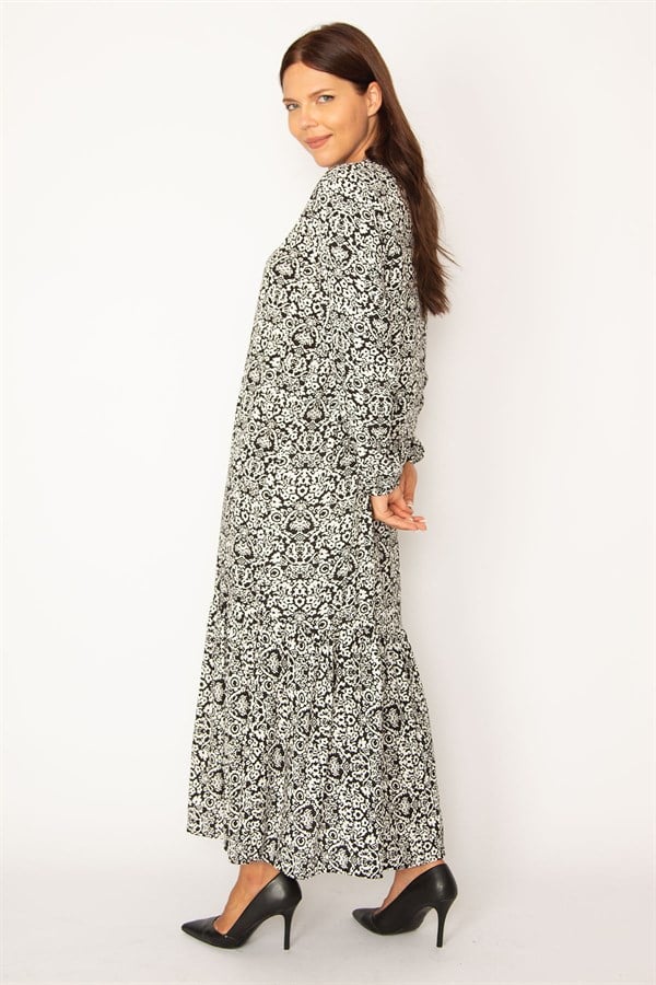 Kadın Siyah Dokuma Viskon Kumaş Etek Ucu Katlı Uzun Kollu Elbise 65N34324