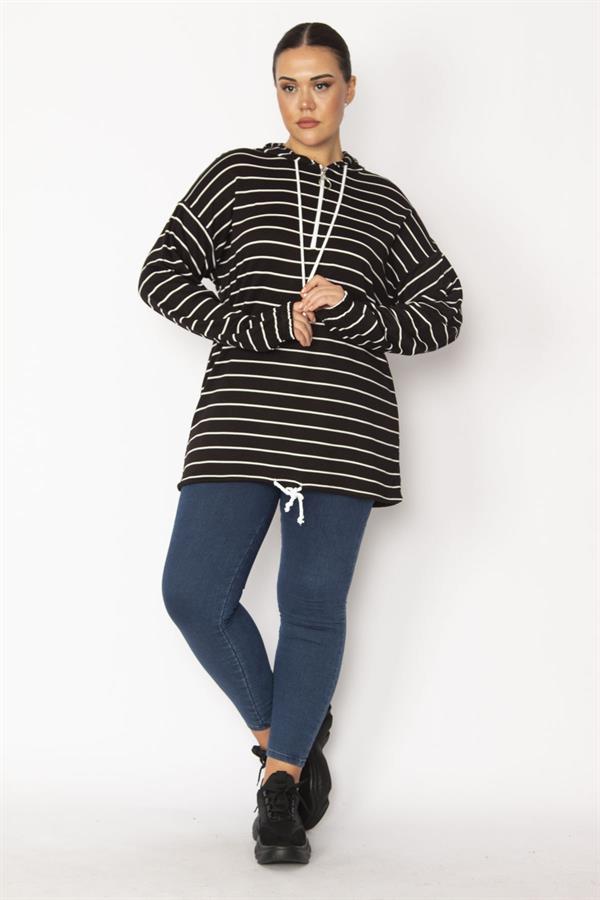 Women's Black Plus Size Front Placket Zippered Eyelet and Lace Detailed Hooded Striped Tunic