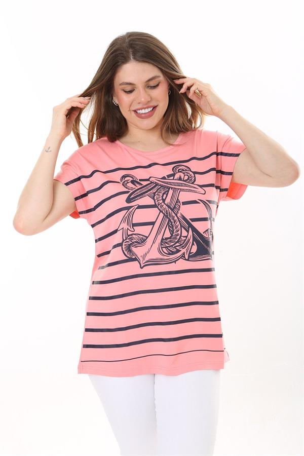 Kadın Büyük Beden Lacivert Bisiklet Yakalı Ön Desenli Kısa Kollu Bluz 65N37639