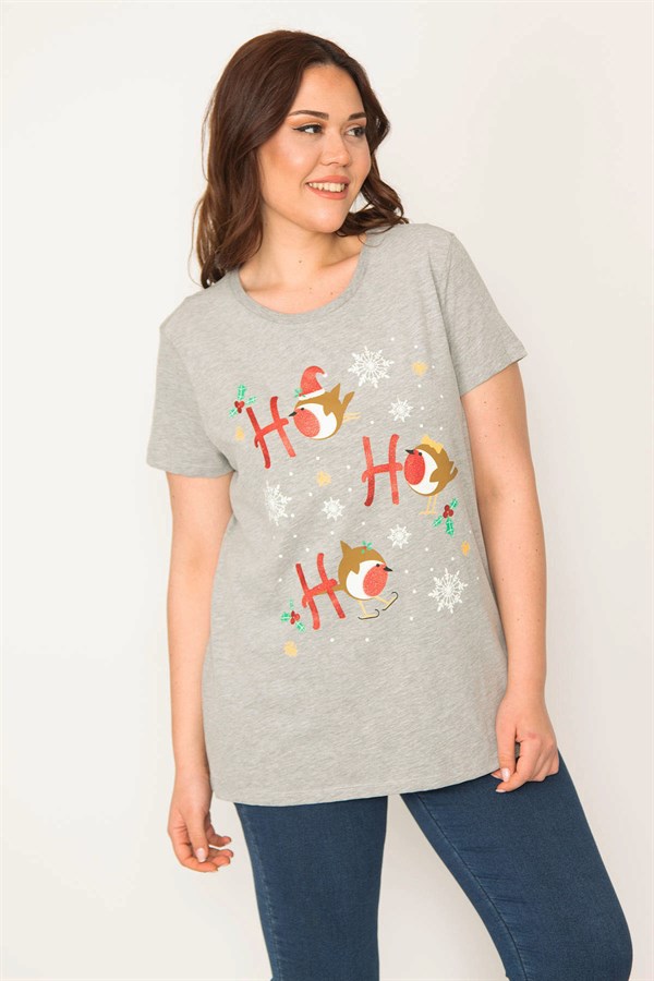 KADIN GRİ SİM BASKILI BLUZ