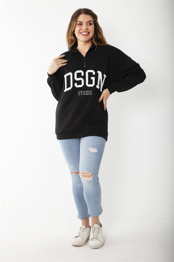 Kadın Büyük Beden Siyah İçi Şardonlu Ön Pat Fermuarlı Nakışlı Sweatshirt 65N37207