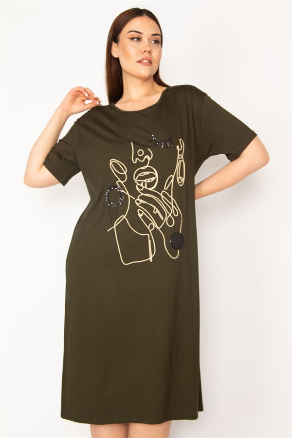 Kadın Haki Nakış Ve Payet Detaylı Elbise 65N33251
