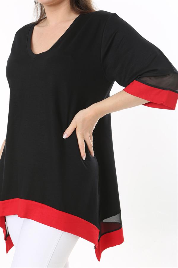 Kadın Büyük Beden Kemik Kol Ve Etek Ucu Tül Ve Garni Detaylı V Yakalı Arkası Uzun Tunik 65N37681