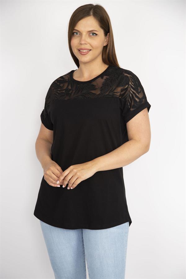 Kadın Beyaz Büyük Beden Pamuk Kumaş Robası Tül Aplike Uzun Bluz