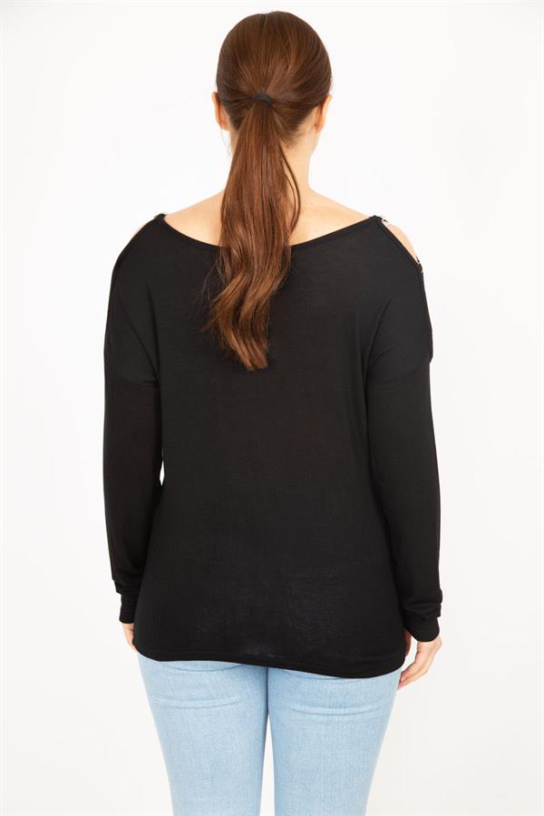 Kadın Siyah Büyük Beden Omuz Dekolteli Bluz