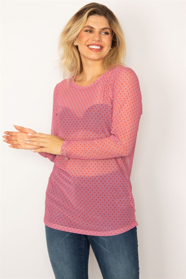 Kadın Pembe Desenli Tül Bluz 65N34253