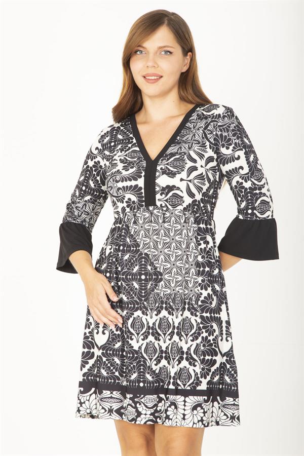 WOMEN'S BLACK V-NECK FLOUNCED SLEEVE DRESS