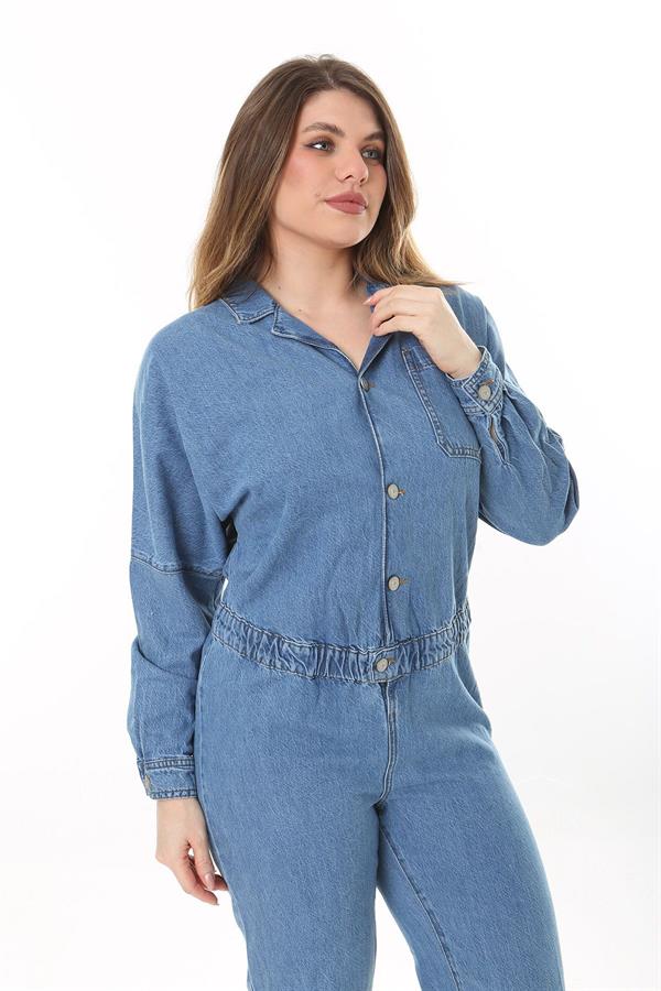 Kadın Büyük Beden Mavi Ön Düğmeli Bel Kısmı Lastik Detaylı Göğüs Ve Arka Cepli Kot Tulum 65N37574