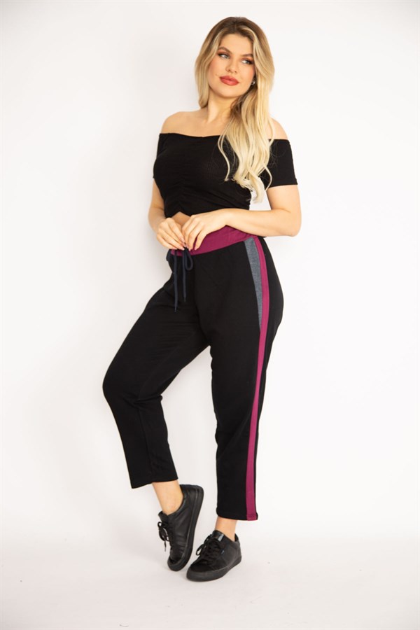 Kadın Siyah Beli Kuşgözü Bağcıklı Renk Detaylı Spor Pantolon 65N35047