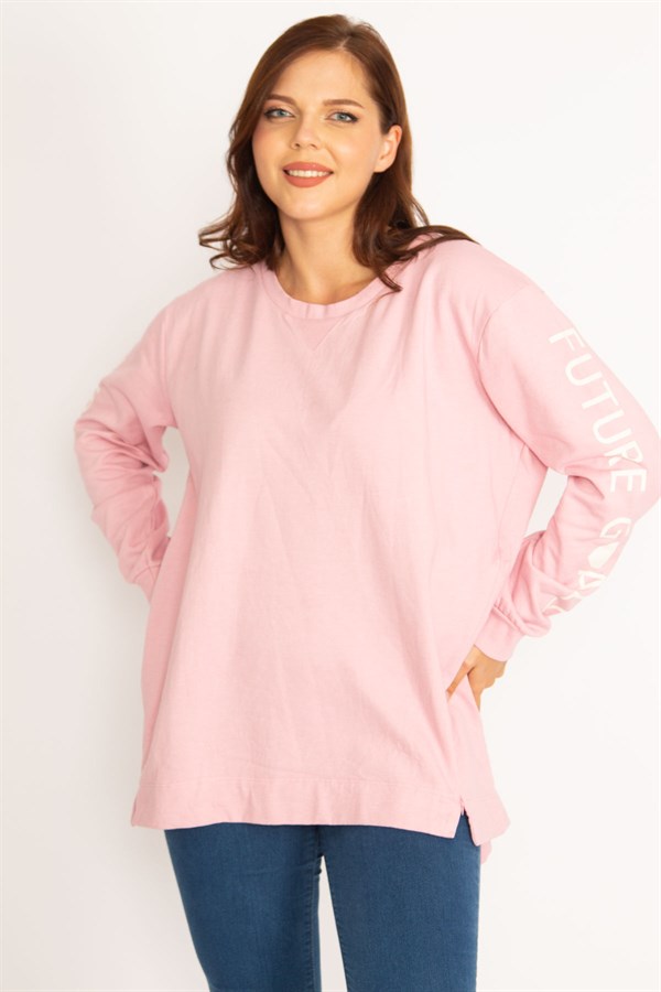 Kadın Pembe İçi Şardonlu Pamuklu Kumaş Etek Ucu İki Yan Fermuar Yırtmaçlı Kol Baskılı Sweatshirt