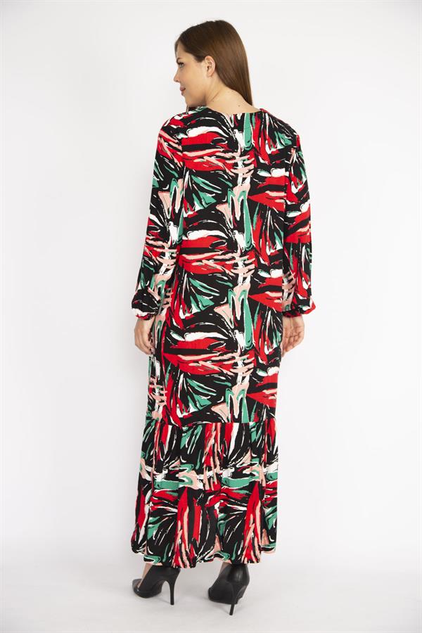 Kadın Renkli Büyük Beden Dokuma Viskon Kumaş Ön Düğmeli Etek Ucu Katlı Uzun Kollu Elbise