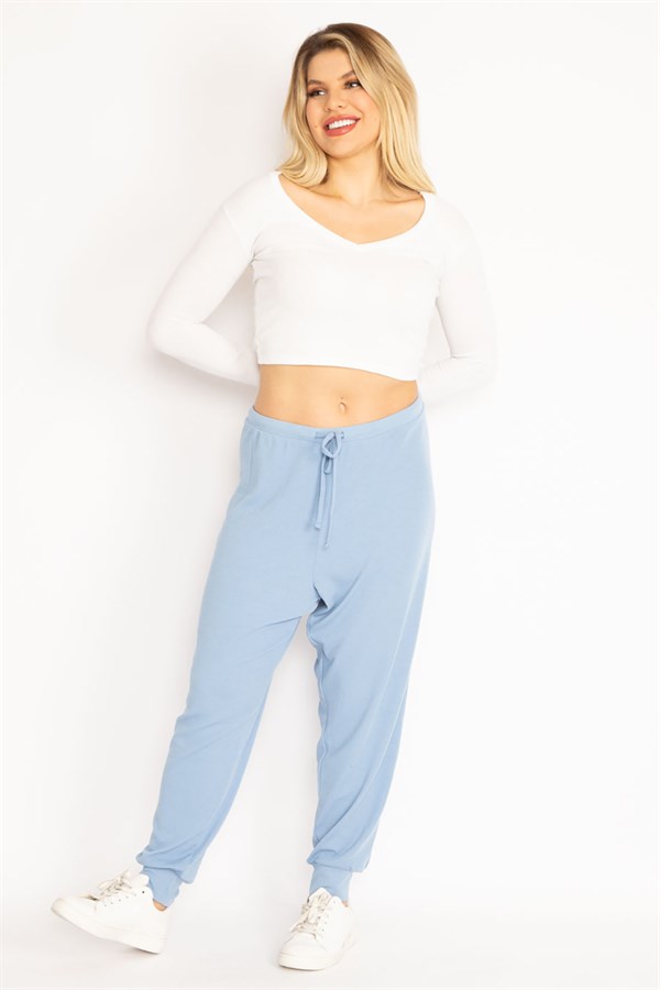 Kadın Bebe Mavisi Kendinden Çizgili Bel Bağcıklı Pantolon 65N35103